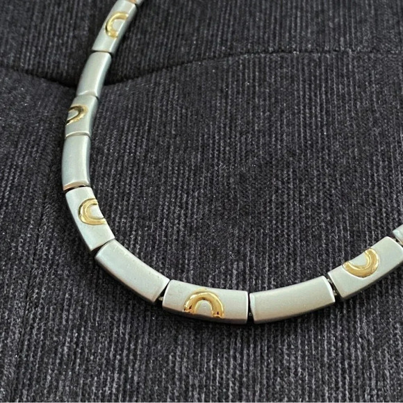 Modernist Two Tone Brushed Metal Choker Necklace with Gold Colored Circles - Picture 5 of 10